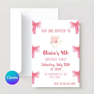 Editable Pink Bow Birthday Invitation Template Coquette Ribbon Party Invite Printable Canva Girl Birthday Card