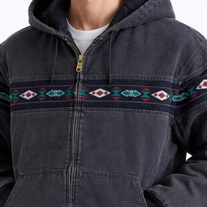 Carhartt Style Aztec Jacket | Vintage Workwear Canvas Cotton Hoodie | Unisex Black Bomber Coat Streetwear Lightweight Jacket