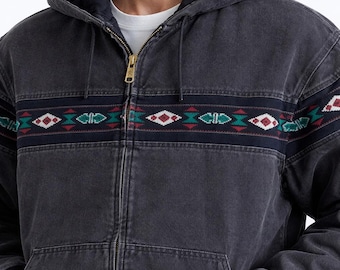 Carhartt Style Aztec Jacket | Vintage Workwear Canvas Cotton Hoodie | Unisex Black Bomber Coat Streetwear Lightweight Jacket