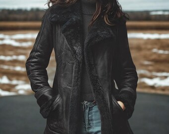 Chaqueta de piel de oveja negra para mujer, abrigo de invierno de cuero, chaqueta cálida y acogedora, ropa de abrigo minimalista, estilo para clima frío.