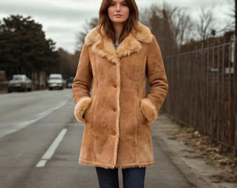 Women’s Tan Shearling Coat | Fur Lined Winter Jacket | Vintage Style Warm Long Coat