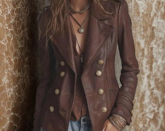 Women's Brown Leather Blazer | Vintage Double Breasted Coat