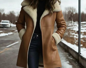 Abrigo de piel de oveja marrón para mujer, chaqueta larga cálida con forro de piel para invierno, ropa de abrigo clásica.