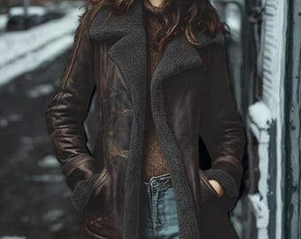 Chaqueta de piel de oveja marrón vintage para mujer / abrigo de invierno