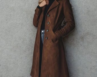 Womens Long Brown Leather Coat Classic Trench Jacket Real Leather Vintage Style Winter Outerwear