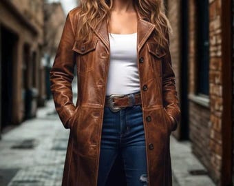 Womens Brown Leather Coat Long Trench Jacket Vintage Style Real Leather Winter Outerwear