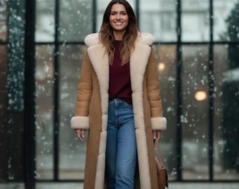 Abrigo largo de piel de oveja para mujer, chaqueta tipo gabardina marrón con forro de piel cálida para invierno