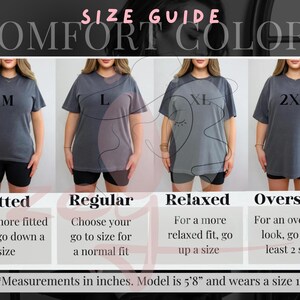The image is a size guide for comfort colors, showing four different styles of t-shirts in various sizes.