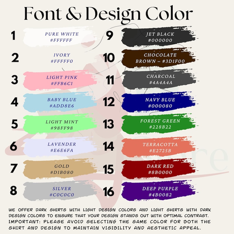 a collection of different colored shirts and design elements, including pure white, jet black, chocolate brown, light pink, charcoal, navy blue, baby blue, navy blue, light mint, forest green, terracotta, gold, dark red, silver, and deep purple.
