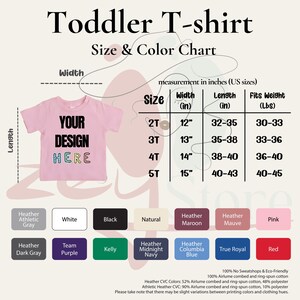 The image is a size and color chart for a toddler t-shirt, providing measurements and color options for different age groups.