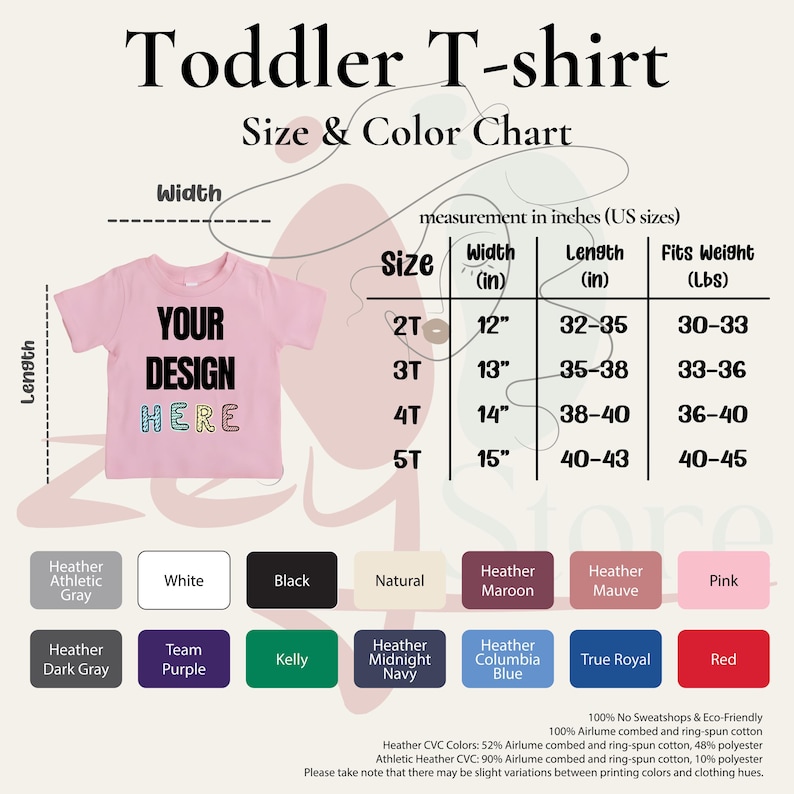 The image is a size and color chart for a toddler t-shirt, providing measurements and color options for different age groups.