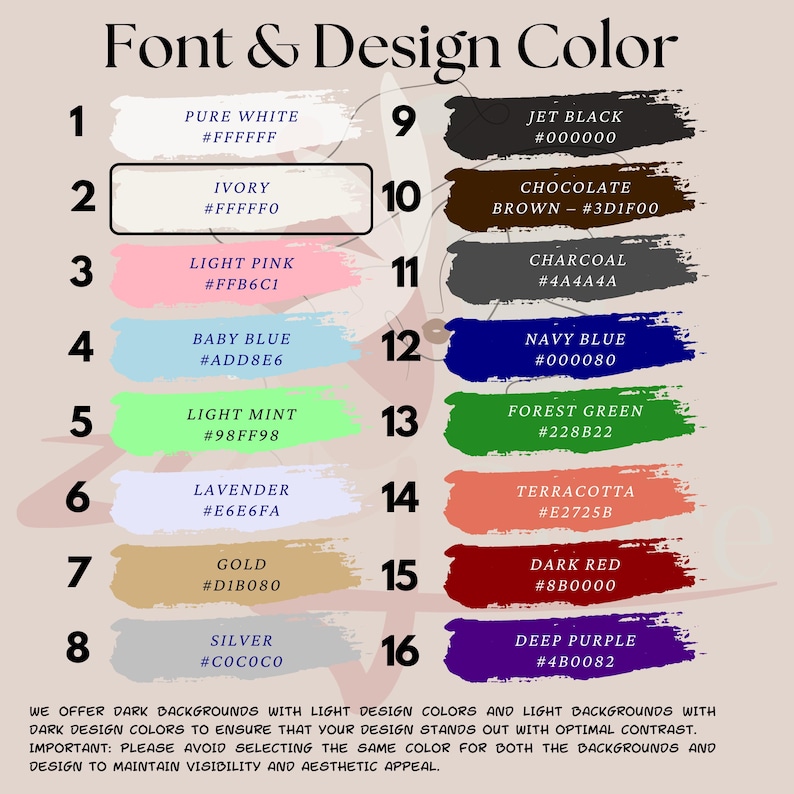 a collection of 16 different color schemes and design backgrounds, each with a unique color and design. The colors range from pure white to dark purple, and the backgrounds include various shades of brown, green, and blue. The image emphasizes the importance of using light design colors and light backgrounds to ensure that the design stands out with optimal contrast and aesthetic appeal.