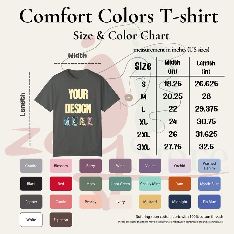 The image is a size and color chart for a comfort t-shirt. It provides measurements in inches (US sizes) for different shirt sizes, ranging from S to XL, and includes color options such as white, gray, black, red, and more. The chart also lists the corresponding fabric colors, including soft ring cotton fabric with 100% cotton threads. The chart is designed to help customers choose the right size and color for their comfort t-shirt.