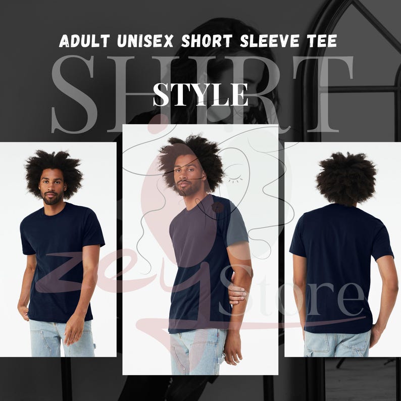 The image is a collage of three photos of a man wearing a short sleeve t-shirt.