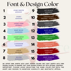 a collection of different colored shirts and design elements, including pure white, jet black, chocolate brown, light pink, charcoal, navy blue, baby blue, navy blue, light mint, forest green, terracotta, gold, dark red, silver, and deep purple.