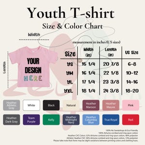 The image is a size and color chart for a youth t-shirt, providing measurements and color options for different sizes.