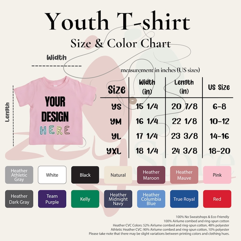 The image is a size and color chart for a youth t-shirt, providing measurements and color options for different sizes.