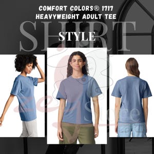 The image is a collage of three photos of a woman wearing a blue t-shirt.