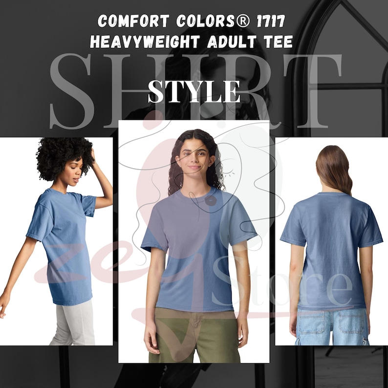 The image is a collage of three photos of a woman wearing a blue t-shirt.