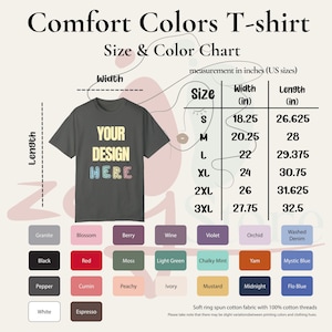 The image is a size and color chart for a comfort t-shirt. It provides measurements in inches (US sizes) for different shirt sizes, ranging from S to XL, and includes color options such as white, gray, black, red, and more. The chart also lists the corresponding fabric colors, including soft ring cotton fabric with 100% cotton threads. The chart is designed to help customers choose the right size and color for their comfort t-shirt.