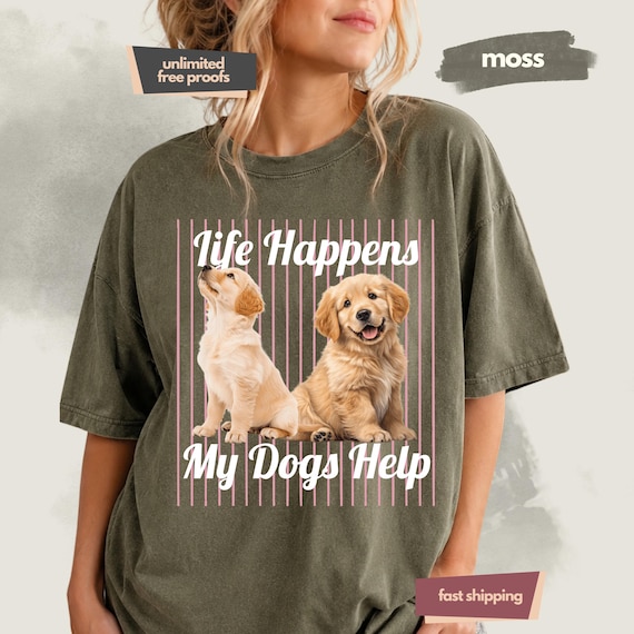 Life Happens, My Dogs Help Custom Pet Photo Comfort Colors® Shirt – Preppy Stripe Personalized Pet Tee