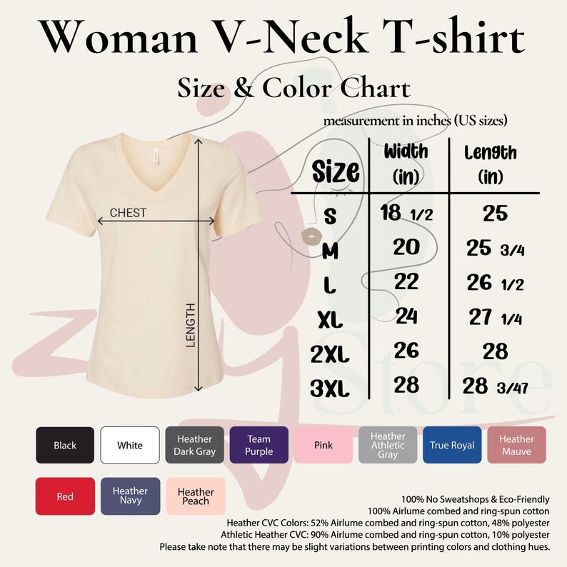 a women's v - neck t - shirt size and color chart