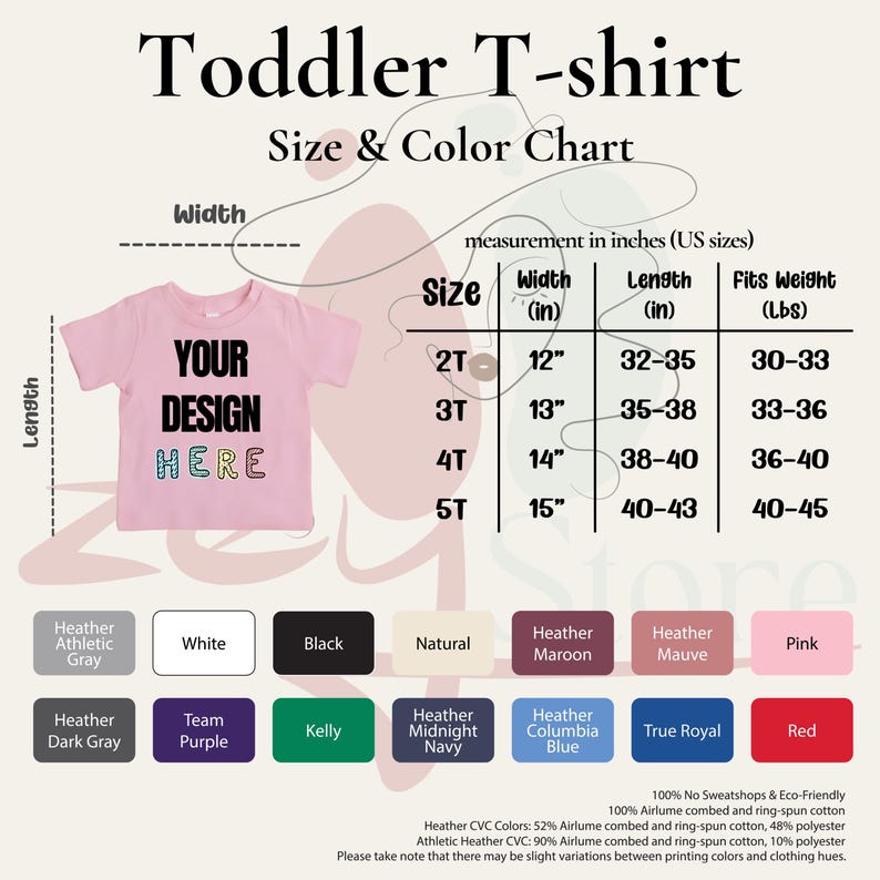 The image is a size and color chart for a toddler t-shirt, providing measurements and color options for different age groups.