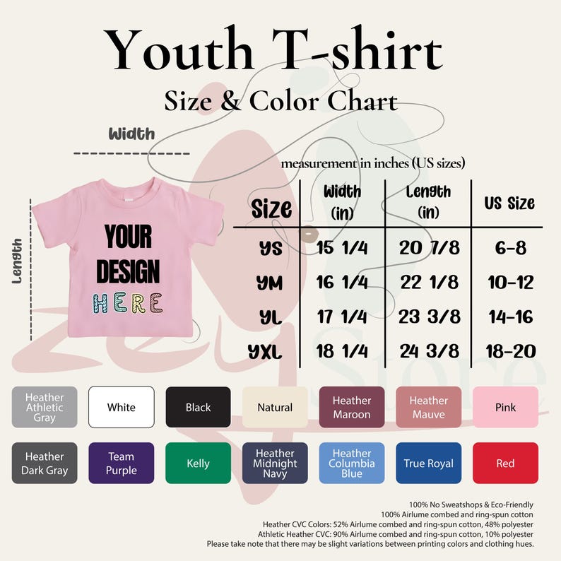 The image is a size and color chart for a youth t-shirt, providing measurements and color options for different sizes.