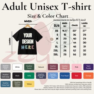 The image is an adult unisex t-shirt size and color chart, providing measurements and color options for a black t-shirt.