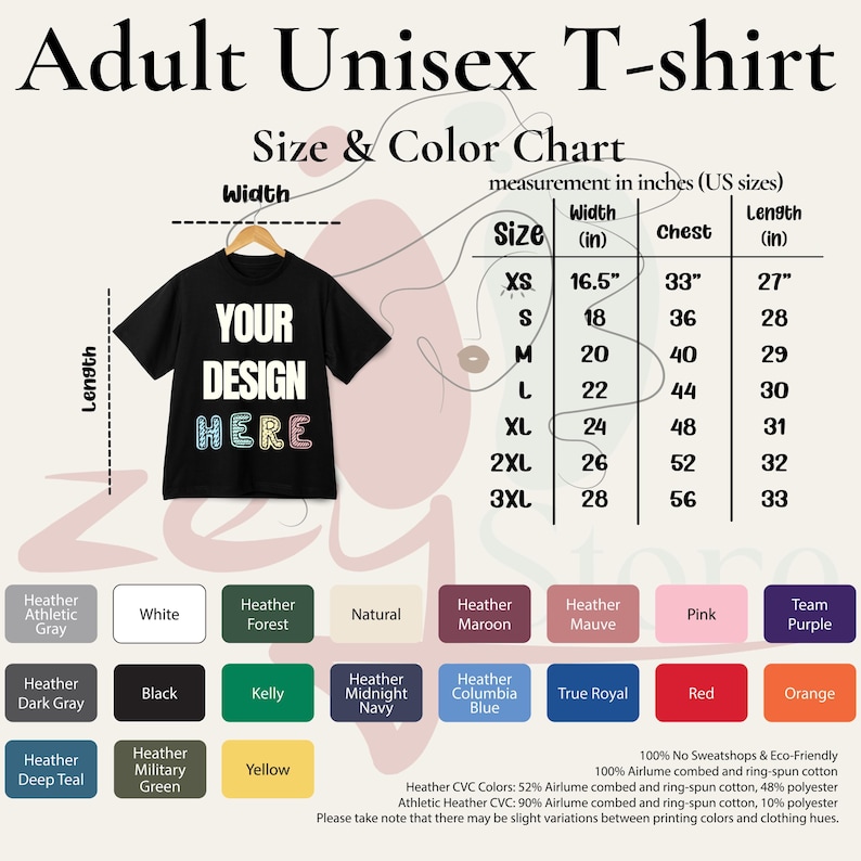 The image is an adult unisex t-shirt size and color chart, providing measurements and color options for a black t-shirt.
