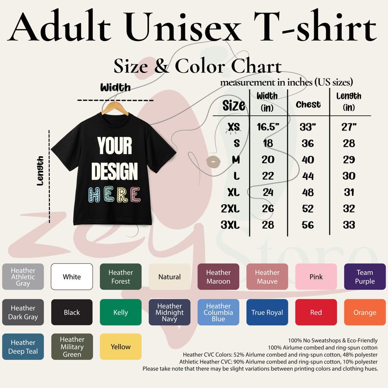 The image is an adult unisex t-shirt size and color chart, providing measurements and color options for a black t-shirt.