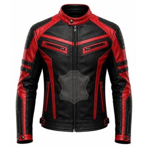 May include: A black and red jacket featuring a stand-up collar with a snap button, a full-length front zip, and two horizontal zipped chest pockets. The sleeves include adjustable straps and zipped cuffs, with red panels on the shoulders.