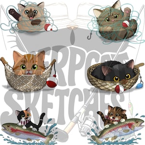 May include: A colourful illustration of cartoon cats fishing. The image shows cats in fishing nets and riding fish, with fishing rods and bobbers. The text "ERP CAT SKETCHES" is also visible.