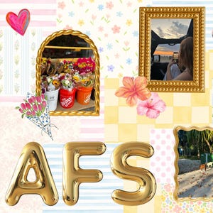 May include: A collage featuring gold balloon letters spelling "AFS", framed images, and floral elements. The frames contain a person in a car, a tropical landscape, and a street scene. Pink hearts and a bicycle add to the decorative design.