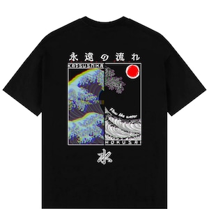 Glitched Kanagawa - Black T-shirt