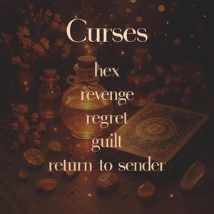 A mystical altar scene shows a glowing potion, ornate deck, and crystals under soft golden light. The image presents a powerful atmosphere for darker work. Text reads: "Curses – hex, revenge, regret, guilt, return to sender." This image fits listings offering protective magic, karmic justice, or energy reversal rituals. Appeals to buyers seeking dark magic spells or advanced witchcraft services.