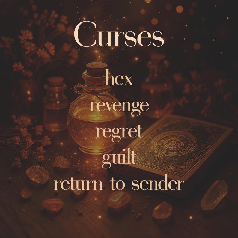 A mystical altar scene shows a glowing potion, ornate deck, and crystals under soft golden light. The image presents a powerful atmosphere for darker work. Text reads: "Curses – hex, revenge, regret, guilt, return to sender." This image fits listings offering protective magic, karmic justice, or energy reversal rituals. Appeals to buyers seeking dark magic spells or advanced witchcraft services.