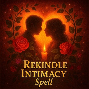 Puede incluir: Ilustración con dos siluetas enfrentadas dentro de un marco en forma de corazón de hojas y rosas. Una vela encendida está centrada debajo. El texto "Rekindle Intimacy Spell" se muestra en oro.