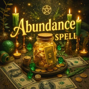 Op de afbeelding: Een afbeelding van een overvloedspreuk met een pot vol munten en een dollarbiljet, omringd door kaarsen, edelstenen en bankbiljetten. De woorden "Abundance Spell" zijn in gouden letters geschreven.
