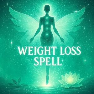 May include: Digital illustration of a glowing figure with angel wings, surrounded by a teal background with stars and a lotus flower. The words "WEIGHT LOSS SPELL" are written in white.