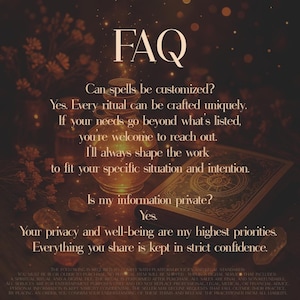 A warm, mystical scene with a glowing potion bottle, ancient spellbook, and golden sparkles sets the tone for spiritual services. Text answers FAQs: spells are customizable and all client info stays private. For adults 18+. Digital spellwork for entertainment purposes only; not a substitute for professional advice. No refunds. By placing an order, you confirm your understanding of these terms and release the practitioner from all liability.