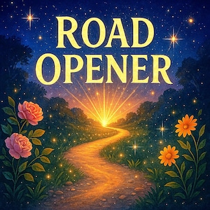 May include: An illustration featuring the words "ROAD OPENER" in gold. A path winds towards a bright light, set against a night sky filled with stars. The image includes flowers and trees, creating a sense of adventure and guidance.