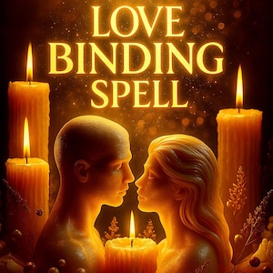 May include: An image with the text "LOVE BINDING SPELL" in gold lettering. Two figures face each other, with candles and flames in the foreground and background. The overall color scheme is warm, with gold and yellow tones.