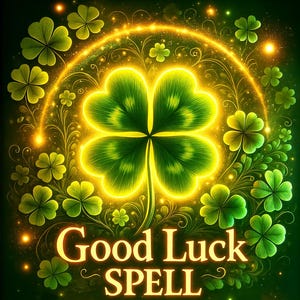 Peut inclure: Illustration numérique d'un trèfle à quatre feuilles lumineux, entouré de trèfles plus petits et d'éléments dorés. Le texte « Good Luck SPELL » est écrit en lettres lumineuses. Le fond est vert foncé, créant un contraste saisissant.