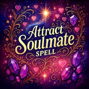 Può includere: Illustrazione digitale con il testo "Attract Soulmate Spell" in lettere dorate. L'immagine presenta uno sfondo stellato viola scuro e blu, cuori rosa, stelle scintillanti e cristalli viola, con accenti floreali dorati.