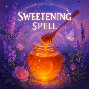 May include: An illustration of a jar of honey with a wooden honey dipper. The words "Sweetening Spell" are written in white. The background is a starry night with purple flowers and a glowing butterfly.