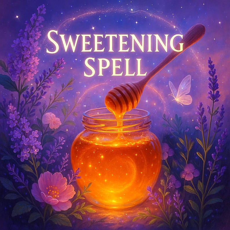 Magical honey jar glowing with golden light, honey dipper dripping honey, surrounded by lavender, wildflowers, sparkles and soft purple mystical aura. Enchanted artwork symbolizing sweetening spell imagery, honey jar magic aesthetic, sugar spell themes, love harmony visuals, relationship calming energy, metaphysical art, spiritual illustration, witchcraft aesthetic, CleoSpells style.