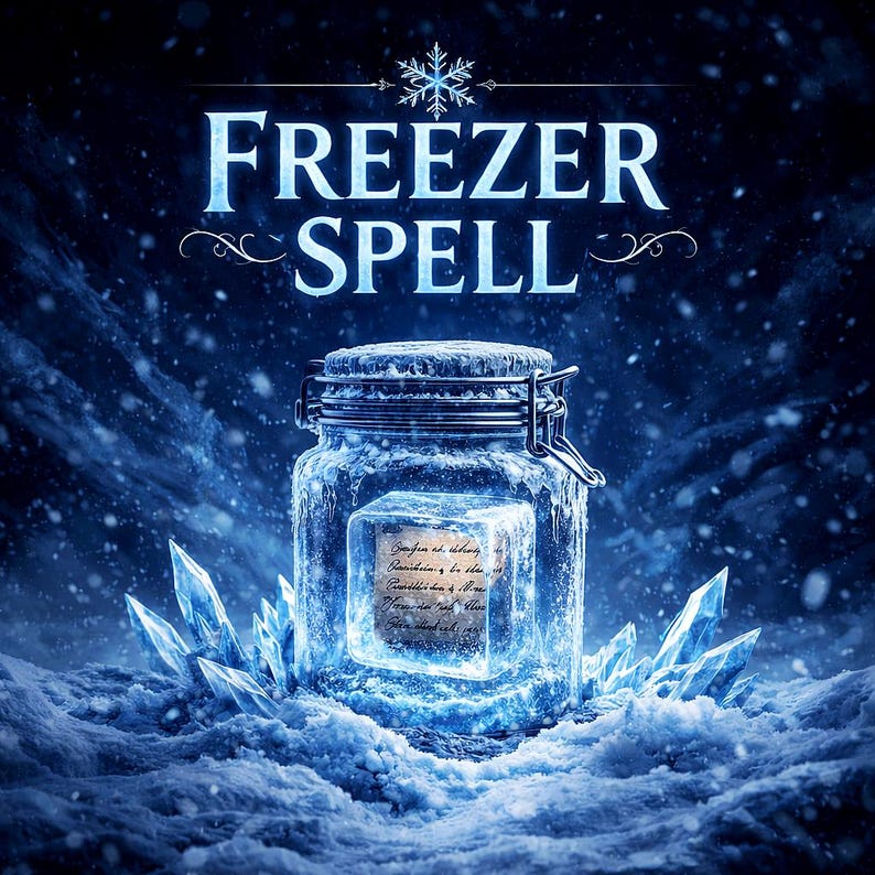 Freezer spell ritual scene with a glass jar sealed with a metal clasp, filled with ice and a crumpled handwritten note tied with thread, symbolizing the freezing of negative intentions and unwanted energy. The jar is surrounded by snow and a cold, dimly lit atmosphere, creating a protective and mystical setting focused on distance, balance, and spiritual protection.