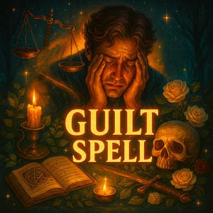 May include: An illustration with the text "GUILT SPELL" features a man with his hands on his face, crying. A scale, skull, roses, candles, a book, and a dagger are also present, set against a dark, starry background.