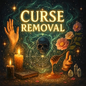 May include: An illustration with the words "CURSE REMOVAL" in gold lettering. The image features a skull, candles, flowers, a book, and a hand. Honey drips from a honey dipper onto a circular design. The background is dark with stars.
